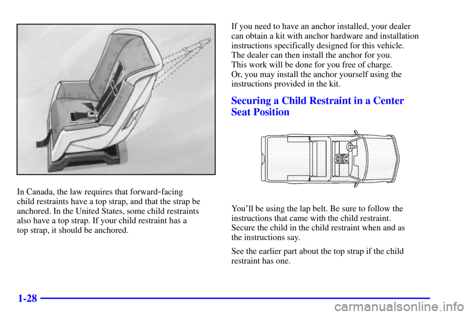 CHEVROLET C3500 HD 2001 4.G Service Manual 1-28
In Canada, the law requires that forward-facing 
child restraints have a top strap, and that the strap be
anchored. In the United States, some child restraints 
also have a top strap. If your chi