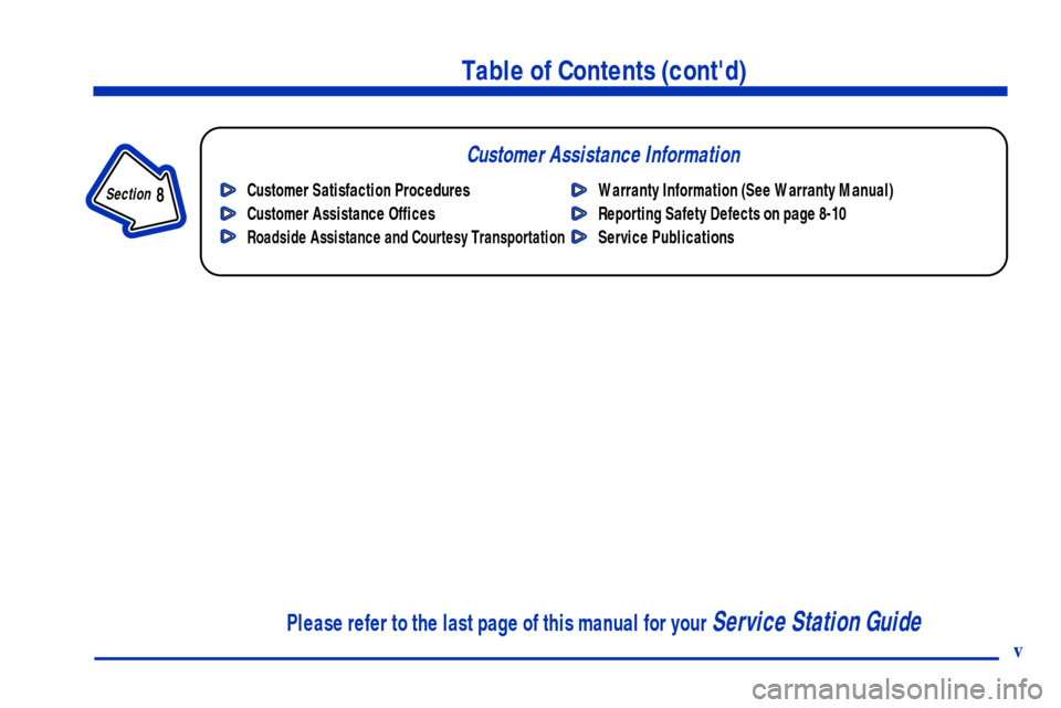 CHEVROLET C3500 HD 2001 4.G Owners Manual v
Table of Contents (contd)
Customer Assistance Information
In the Index you will find an alphabetical listing of almost every subject in this manual. 
 You can use it to quickly find something you w