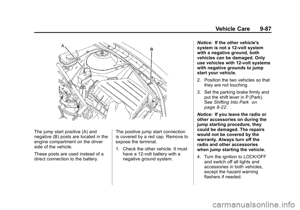 CHEVROLET CAMARO 2010 5.G Owners Manual Black plate (87,1)Chevrolet Camaro Owner Manual - 2010
Vehicle Care 9-87
The jump start positive (A) and
negative (B) posts are located in the
engine compartment on the driver
side of the vehicle.
The CHEVROLET CAMARO 2010 5.G Owners Manual Black plate (87,1)Chevrolet Camaro Owner Manual - 2010
Vehicle Care 9-87
The jump start positive (A) and
negative (B) posts are located in the
engine compartment on the driver
side of the vehicle.
The