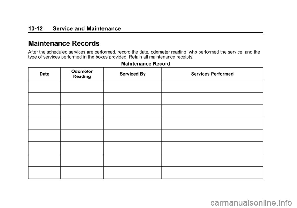 CHEVROLET CAMARO 2010 5.G Owners Manual Black plate (12,1)Chevrolet Camaro Owner Manual - 2010
10-12 Service and Maintenance
Maintenance Records
After the scheduled services are performed, record the date, odometer reading, who performed th CHEVROLET CAMARO 2010 5.G Owners Manual Black plate (12,1)Chevrolet Camaro Owner Manual - 2010
10-12 Service and Maintenance
Maintenance Records
After the scheduled services are performed, record the date, odometer reading, who performed th