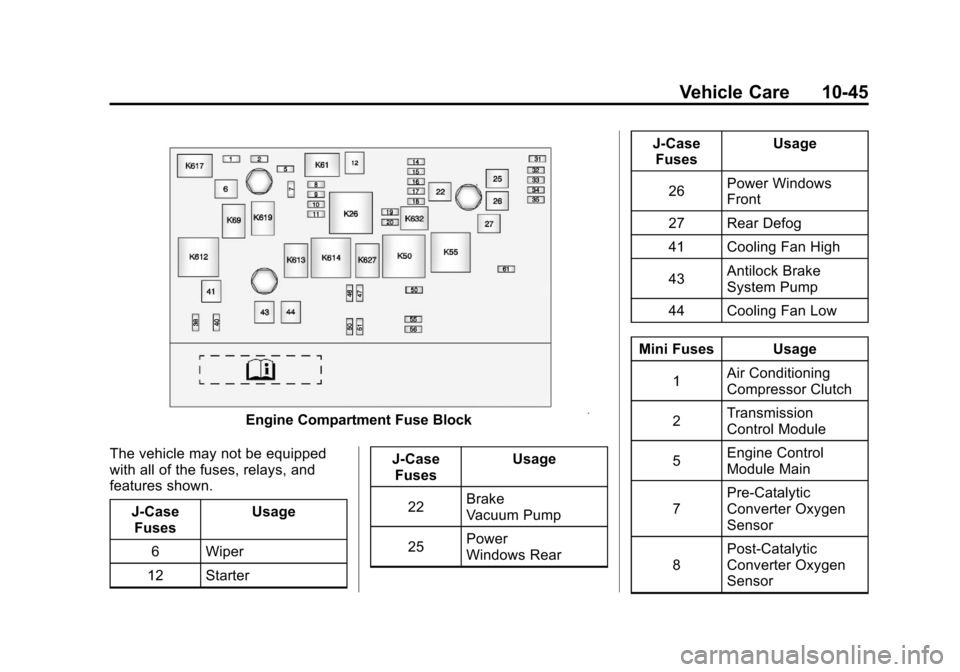 CHEVROLET CAMARO 2011 5.G Owners Manual Black plate (45,1)Chevrolet Camaro Owner Manual - 2011
Vehicle Care 10-45
Engine Compartment Fuse Block
The vehicle may not be equipped
with all of the fuses, relays, and
features shown. J-CaseFuses U CHEVROLET CAMARO 2011 5.G Owners Manual Black plate (45,1)Chevrolet Camaro Owner Manual - 2011
Vehicle Care 10-45
Engine Compartment Fuse Block
The vehicle may not be equipped
with all of the fuses, relays, and
features shown. J-CaseFuses U