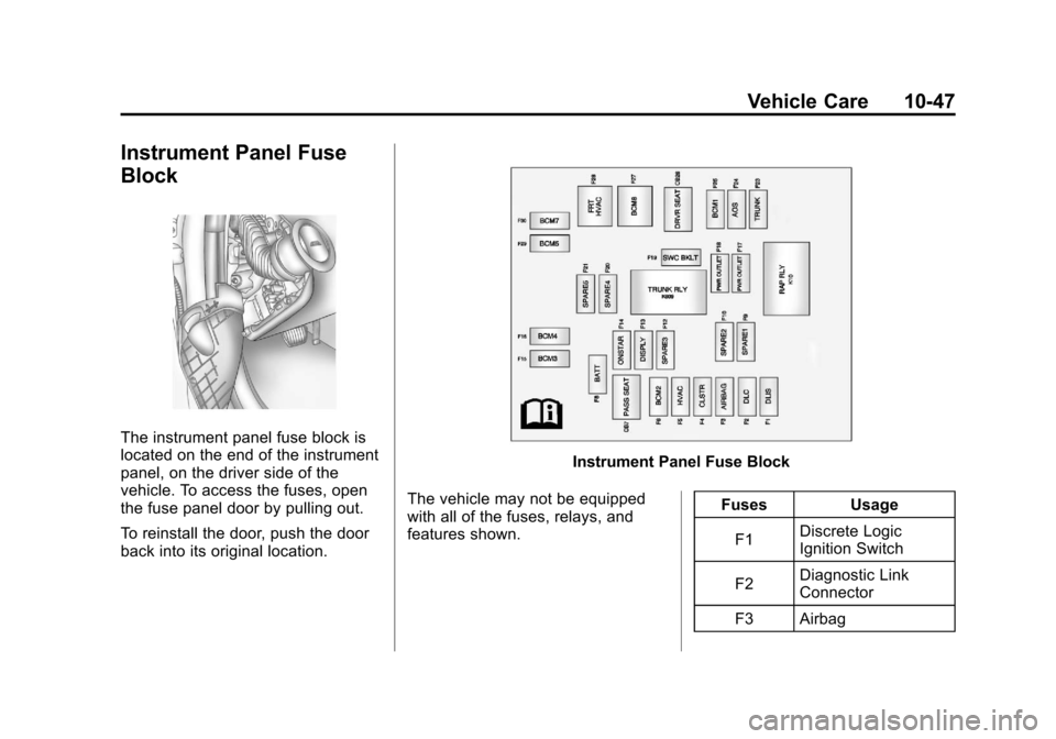 CHEVROLET CAMARO 2011 5.G Owners Manual Black plate (47,1)Chevrolet Camaro Owner Manual - 2011
Vehicle Care 10-47
Instrument Panel Fuse
Block
The instrument panel fuse block is
located on the end of the instrument
panel, on the driver side 