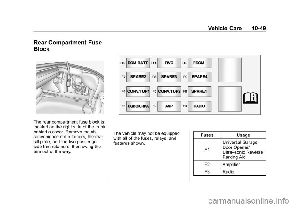 CHEVROLET CAMARO 2011 5.G Owners Manual Black plate (49,1)Chevrolet Camaro Owner Manual - 2011
Vehicle Care 10-49
Rear Compartment Fuse
Block
The rear compartment fuse block is
located on the right side of the trunk
behind a cover. Remove t