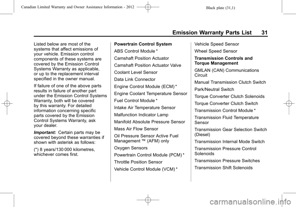 CHEVROLET CAMARO 2012 5.G Warranty Guide Black plate (31,1)Canadian Limited Warranty and Owner Assistance Information - 2012
Emission Warranty Parts List 31
Listed below are most of the
systems that affect emissions of
your vehicle. Emission