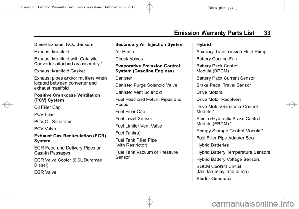 CHEVROLET CAMARO 2012 5.G Warranty Guide Black plate (33,1)Canadian Limited Warranty and Owner Assistance Information - 2012
Emission Warranty Parts List 33
Diesel Exhaust NOx Sensors
Exhaust Manifold
Exhaust Manifold with Catalytic
Converte