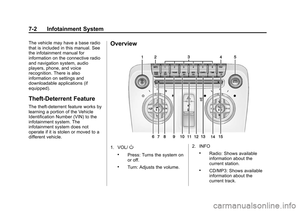 CHEVROLET CAMARO 2014 5.G Owners Manual Black plate (2,1)Chevrolet Camaro Owner Manual (GMNA-Localizing-U.S./Canada/Mexico-
6042601) - 2014 - CRC - 1/21/14
7-2 Infotainment System
The vehicle may have a base radio
that is included in this m