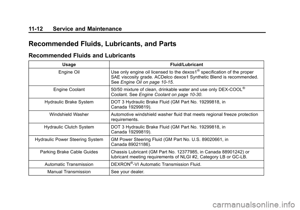 CHEVROLET CAMARO 2014 5.G Owners Manual Black plate (12,1)Chevrolet Camaro Owner Manual (GMNA-Localizing-U.S./Canada/Mexico-
6042601) - 2014 - CRC - 1/21/14
11-12 Service and Maintenance
Recommended Fluids, Lubricants, and Parts
Recommended CHEVROLET CAMARO 2014 5.G Owners Manual Black plate (12,1)Chevrolet Camaro Owner Manual (GMNA-Localizing-U.S./Canada/Mexico-
6042601) - 2014 - CRC - 1/21/14
11-12 Service and Maintenance
Recommended Fluids, Lubricants, and Parts
Recommended