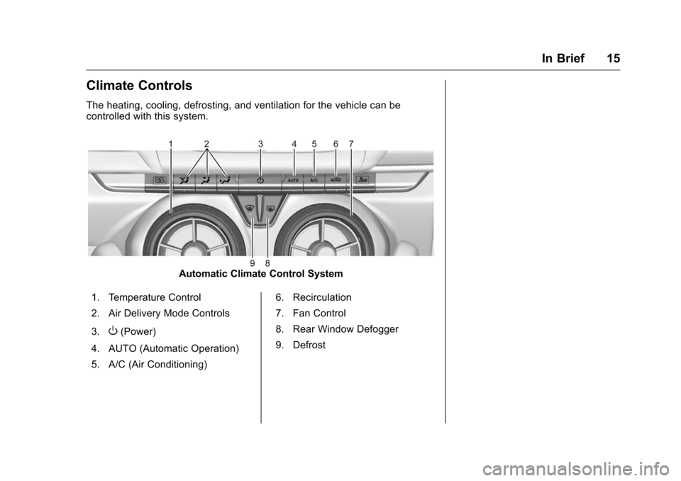 CHEVROLET CAMARO 2016 6.G User Guide Chevrolet Camaro Owner Manual-Convertible (GMNA-Localizing-U.S./Cana-
da/Mexico-9702260) - 2016 - CRC - 10/28/15
In Brief 15
Climate Controls
The heating, cooling, defrosting, and ventilation for the CHEVROLET CAMARO 2016 6.G User Guide Chevrolet Camaro Owner Manual-Convertible (GMNA-Localizing-U.S./Cana-
da/Mexico-9702260) - 2016 - CRC - 10/28/15
In Brief 15
Climate Controls
The heating, cooling, defrosting, and ventilation for the