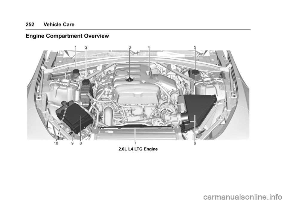 CHEVROLET CAMARO 2016 6.G Owners Manual Chevrolet Camaro Owner Manual-Convertible (GMNA-Localizing-U.S./Cana-
da/Mexico-9702260) - 2016 - CRC - 10/28/15
252 Vehicle Care
Engine Compartment Overview
2.0L L4 LTG Engine 
