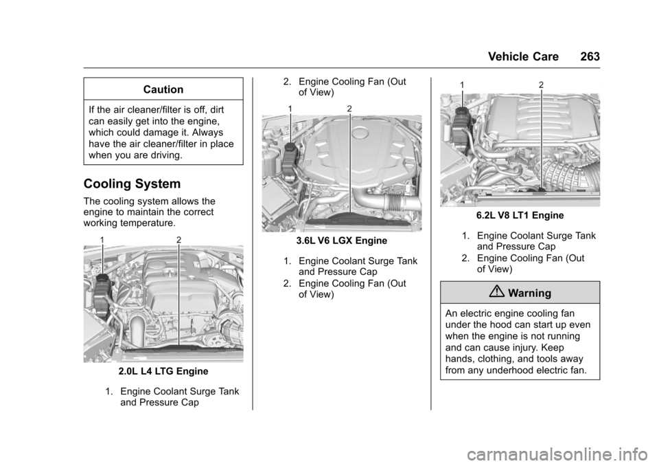 CHEVROLET CAMARO 2016 6.G Owners Manual Chevrolet Camaro Owner Manual-Convertible (GMNA-Localizing-U.S./Cana-
da/Mexico-9702260) - 2016 - CRC - 10/28/15
Vehicle Care 263
Caution
If the air cleaner/filter is off, dirt
can easily get into the