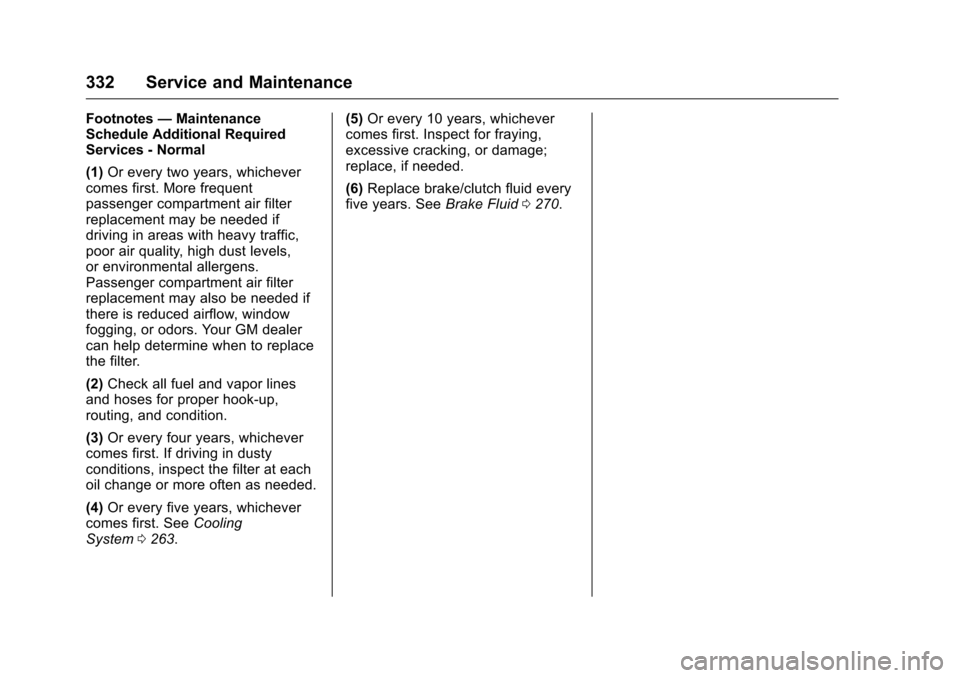 CHEVROLET CAMARO 2016 6.G Owners Manual Chevrolet Camaro Owner Manual-Convertible (GMNA-Localizing-U.S./Cana-
da/Mexico-9702260) - 2016 - CRC - 10/28/15
332 Service and Maintenance
Footnotes—Maintenance
Schedule Additional Required
Servic CHEVROLET CAMARO 2016 6.G Owners Manual Chevrolet Camaro Owner Manual-Convertible (GMNA-Localizing-U.S./Cana-
da/Mexico-9702260) - 2016 - CRC - 10/28/15
332 Service and Maintenance
Footnotes—Maintenance
Schedule Additional Required
Servic