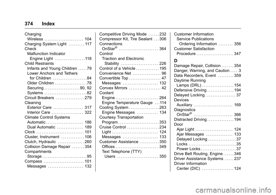 CHEVROLET CAMARO 2016 6.G Owners Manual Chevrolet Camaro Owner Manual-Convertible (GMNA-Localizing-U.S./Cana-
da/Mexico-9702260) - 2016 - CRC - 10/28/15
374 Index
ChargingWireless . . . . . . . . . . . . . . . . . . . . . . 104
Charging Sys CHEVROLET CAMARO 2016 6.G Owners Manual Chevrolet Camaro Owner Manual-Convertible (GMNA-Localizing-U.S./Cana-
da/Mexico-9702260) - 2016 - CRC - 10/28/15
374 Index
ChargingWireless . . . . . . . . . . . . . . . . . . . . . . 104
Charging Sys