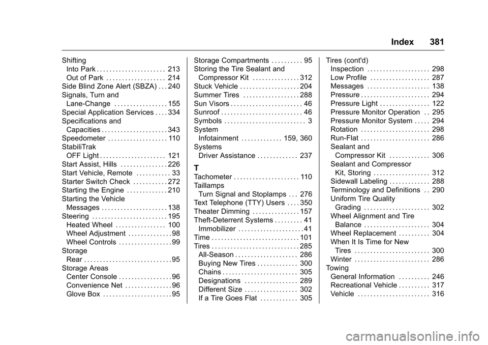 CHEVROLET CAMARO 2016 6.G Owners Manual Chevrolet Camaro Owner Manual-Convertible (GMNA-Localizing-U.S./Cana-
da/Mexico-9702260) - 2016 - CRC - 10/28/15
Index 381
ShiftingInto Park . . . . . . . . . . . . . . . . . . . . . . 213
Out of Park