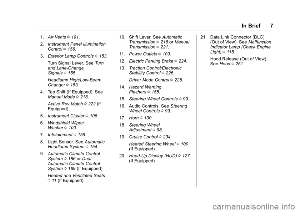 CHEVROLET CAMARO 2016 6.G Owners Manual Chevrolet Camaro Owner Manual-Convertible (GMNA-Localizing-U.S./Cana-
da/Mexico-9702260) - 2016 - CRC - 10/28/15
In Brief 7
1.Air Vents 0191.
2. Instrument Panel Illumination
Control 0156.
3. Exterior