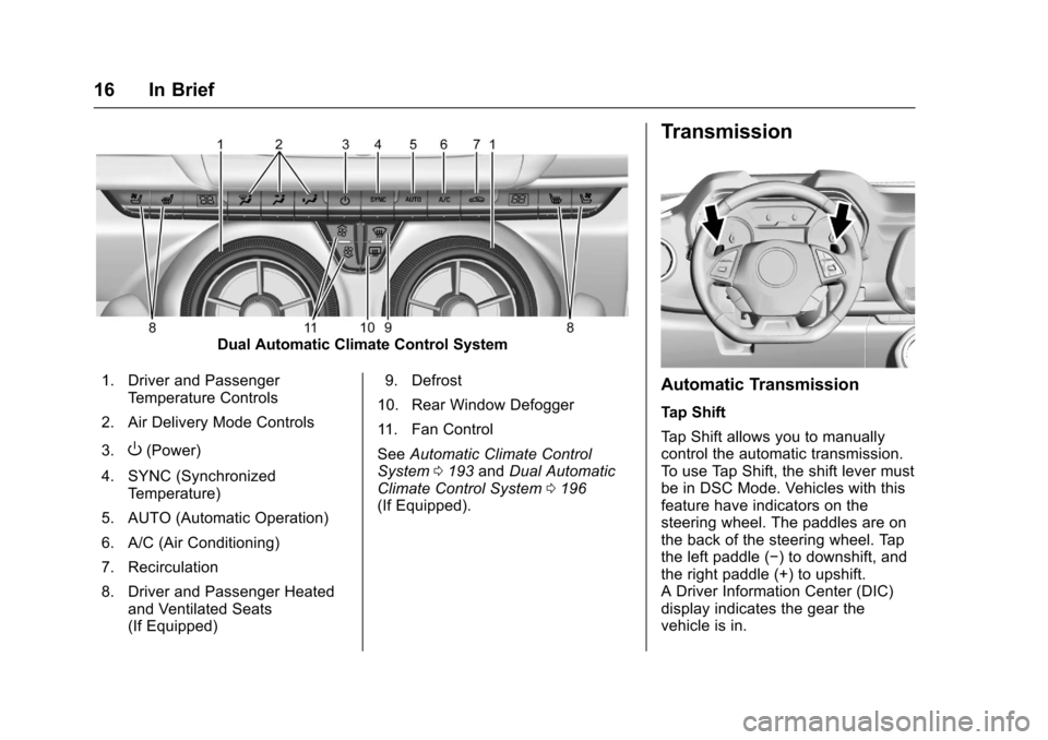 CHEVROLET CAMARO 2017 6.G Owners Manual Chevrolet Camaro Owner Manual (GMNA-Localizing-U.S./Canada/Mexico-
9804281) - 2017 - crc - 4/25/16
16 In Brief
Dual Automatic Climate Control System
1. Driver and Passenger Temperature Controls
2. Air