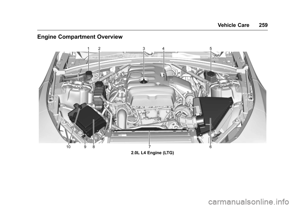 CHEVROLET CAMARO 2017 6.G Owners Manual Chevrolet Camaro Owner Manual (GMNA-Localizing-U.S./Canada/Mexico-
9804281) - 2017 - crc - 4/25/16
Vehicle Care 259
Engine Compartment Overview
2.0L L4 Engine (LTG) 