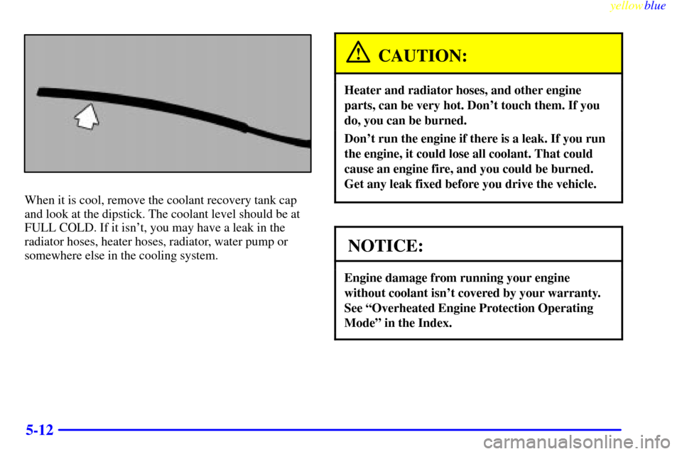 CHEVROLET CAMARO 1999 4.G Owners Manual yellowblue     
5-12
When it is cool, remove the coolant recovery tank cap
and look at the dipstick. The coolant level should be at
FULL COLD. If it isnt, you may have a leak in the
radiator hoses, h