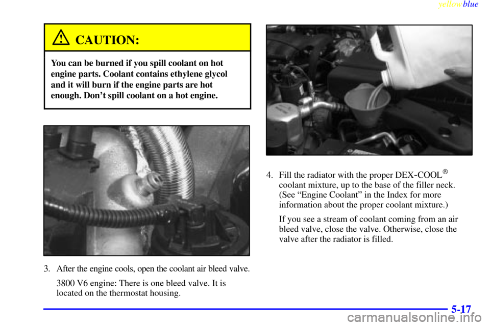 CHEVROLET CAMARO 1999 4.G Owners Manual yellowblue     
5-17
CAUTION:
You can be burned if you spill coolant on hot
engine parts. Coolant contains ethylene glycol
and it will burn if the engine parts are hot
enough. Dont spill coolant on a