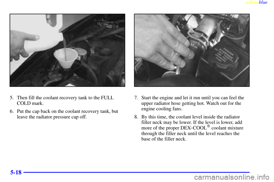 CHEVROLET CAMARO 1999 4.G Owners Manual yellowblue     
5-18
5. Then fill the coolant recovery tank to the FULL
COLD mark.
6. Put the cap back on the coolant recovery tank, but
leave the radiator pressure cap off.7. Start the engine and let