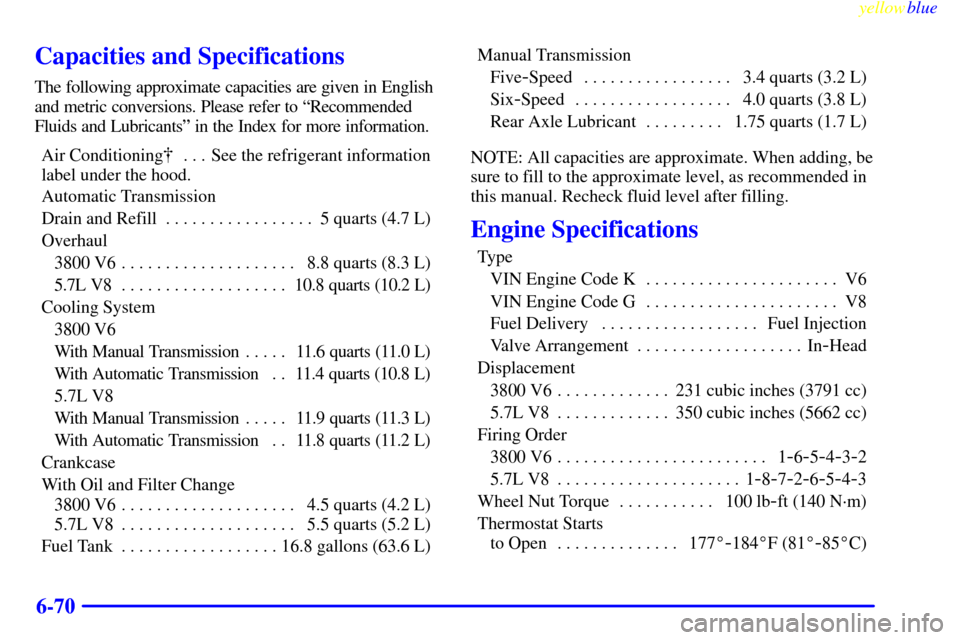 CHEVROLET CAMARO 1999 4.G Owners Manual yellowblue     
6-70
Capacities and Specifications
The following approximate capacities are given in English
and metric conversions. Please refer to ªRecommended
Fluids and Lubricantsº in the Index 