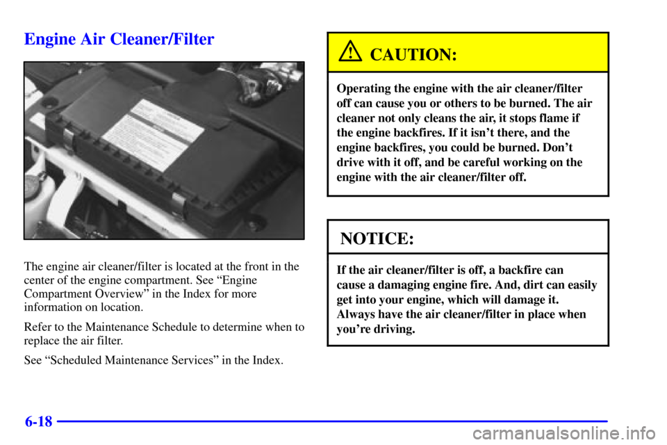 CHEVROLET CAMARO 2001 4.G Owners Manual 6-18
Engine Air Cleaner/Filter
The engine air cleaner/filter is located at the front in the
center of the engine compartment. See ªEngine
Compartment Overviewº in the Index for more
information on l