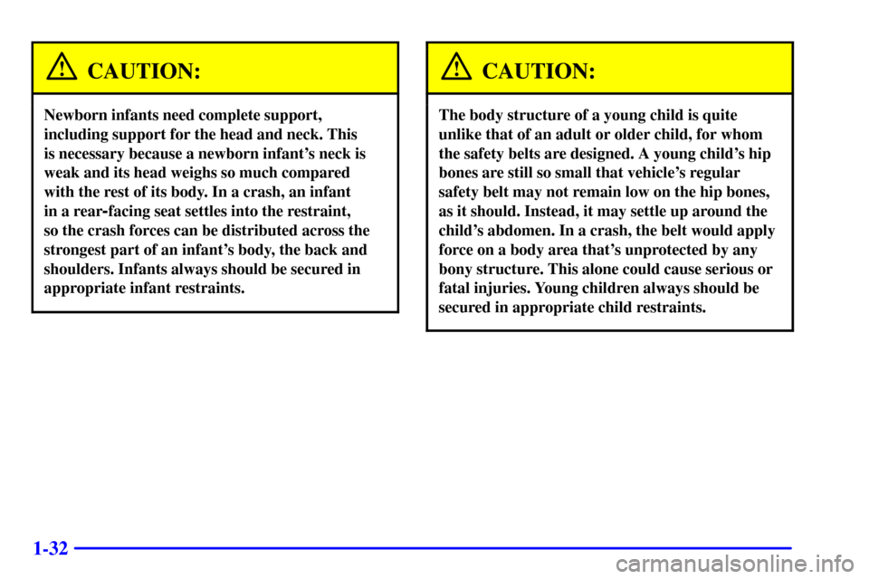 CHEVROLET CAMARO 2001 4.G Owners Manual 1-32
CAUTION:
Newborn infants need complete support,
including support for the head and neck. This 
is necessary because a newborn infants neck is
weak and its head weighs so much compared 
with the 