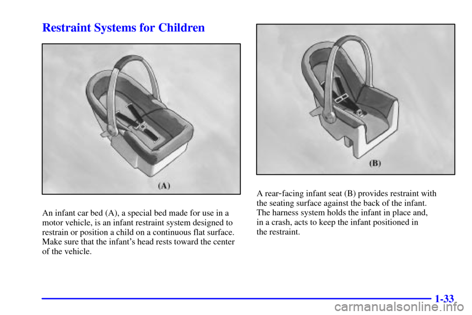 CHEVROLET CAMARO 2001 4.G Service Manual 1-33
Restraint Systems for Children
An infant car bed (A), a special bed made for use in a
motor vehicle, is an infant restraint system designed to
restrain or position a child on a continuous flat su