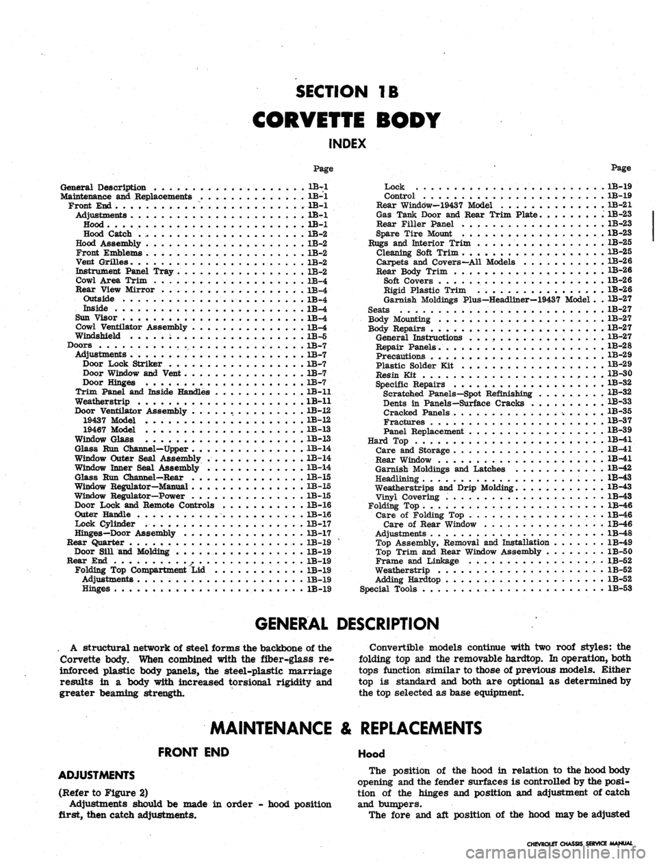 CHEVROLET CAMARO 1967 1.G Chassis Workshop Manual 
SECTION
 IB

CORVETTE BODY

INDEX

Page

General Description . . * • •.
 •
 ^"i1

Maintenance and Replacements 1B-1

Front End 1B-1

Adjustments IBri

Hood 1B-1

Hood Catch 1B-2

Hood Assembly 