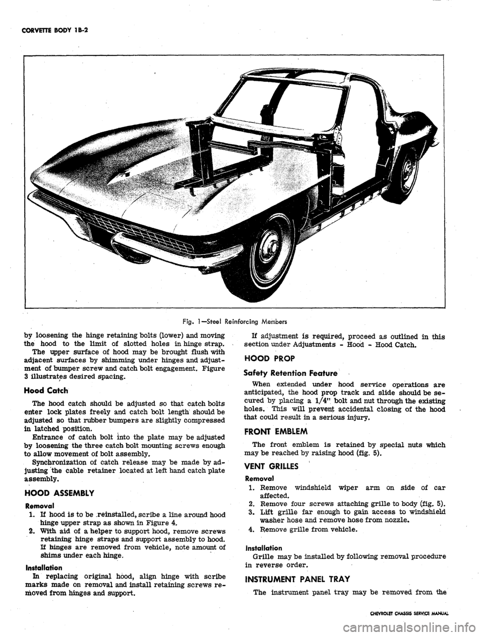CHEVROLET CAMARO 1967 1.G Chassis Workshop Manual
CORVETTE BODY 1B-2
Fig.
1—Steel
Reinforcing Members
by loosening the hinge retaining bolts (lower) and moving
the hood to the limit of slotted holes in hinge strap.
The upper surface of hood CHEVROLET CAMARO 1967 1.G Chassis Workshop Manual
CORVETTE BODY 1B-2
Fig.
1—Steel
Reinforcing Members
by loosening the hinge retaining bolts (lower) and moving
the hood to the limit of slotted holes in hinge strap.
The upper surface of hood
