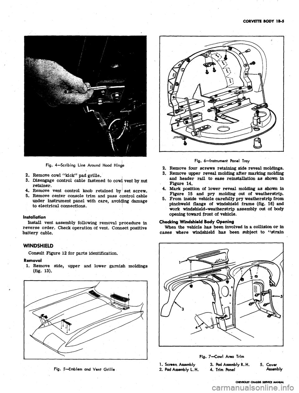 CHEVROLET CAMARO 1967 1.G Chassis User Guide 
CORVETTE BODY 1B-5

Fig.
 4—Scribing
 Line
 Around
 Hood
 Hingje

2.
 Remove cowl "kick" pad grille. |

3.
 Disengage control cable fastened to cowl vent by nut

retainer. !

4.
 Remove vent contro