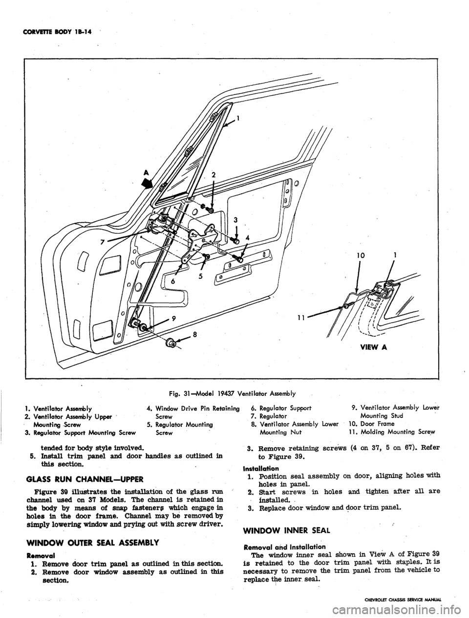 CHEVROLET CAMARO 1967 1.G Chassis User Guide 
CORVETTE BODY
 1B-14

Fig.
 31-Mpdei 19437 Ventilator Assembly

1.
 Ventilator Assembly

2.
 Ventilator Assembly Upper

Mounting Screw

3. Regulator Support Mounting Screw 
4.
 Window Drive
 Pin
 Ret