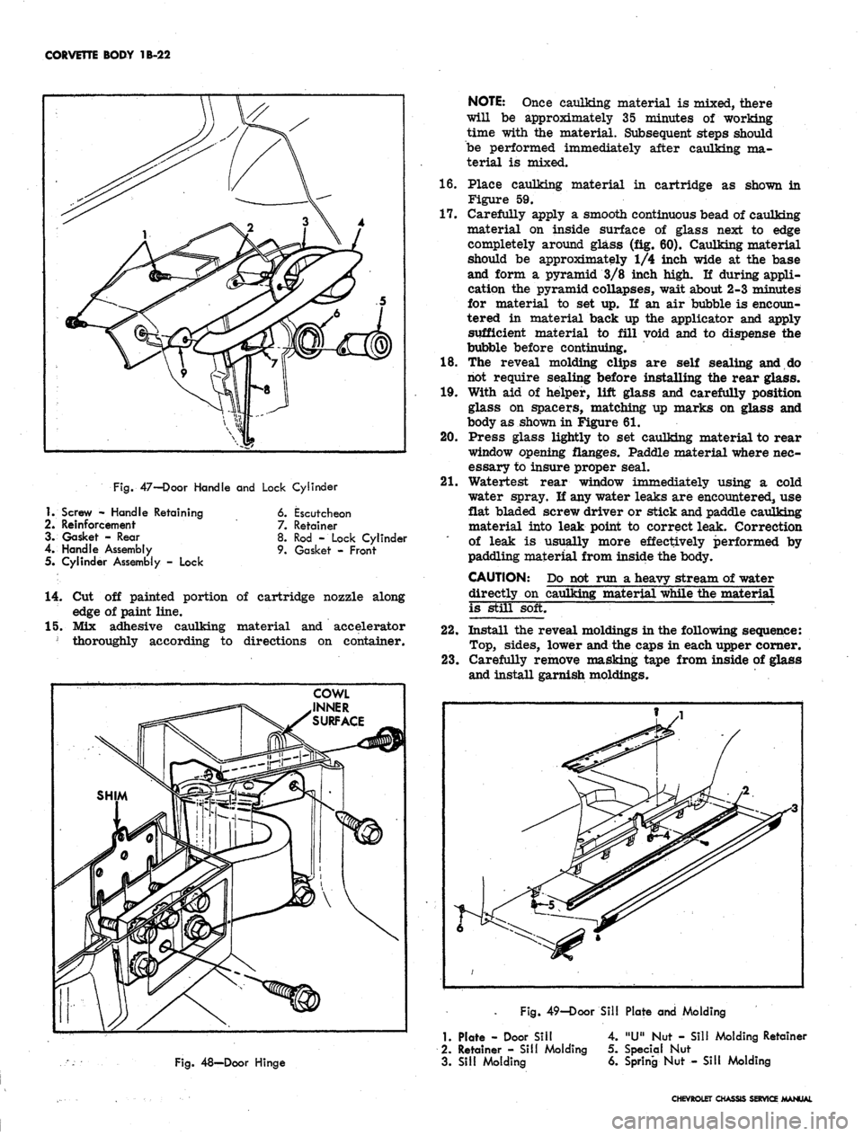 CHEVROLET CAMARO 1967 1.G Chassis User Guide 
CORVETTE BODY 1B-22

16.

17.

Fig.
 47-Door Handle and Lock Cylinder 
18.

19.

20.

21.

1.
 Screw - Handle Retaining

2.
 Reinforcement

3. Gasket - Rear

4.
 Handle Assembly

5. Cylinder Assembly