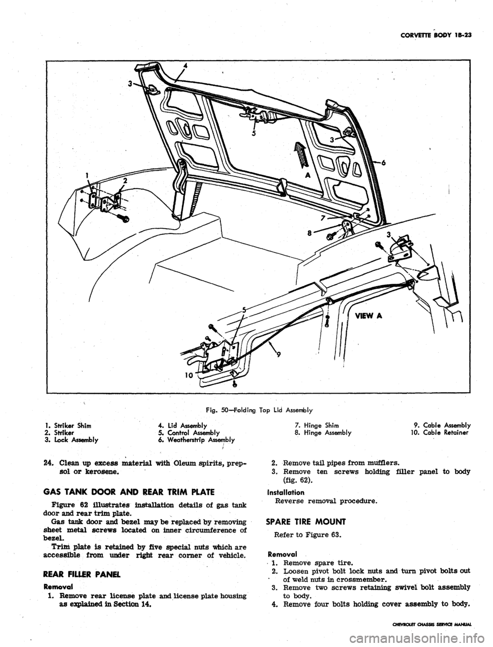 CHEVROLET CAMARO 1967 1.G Chassis Workshop Manual
CORVETTE BODY 1B-23
Fig.
50—Folding Top Lid Assembly
1.
Striker Shim
2.
Striker
3. Lock Assembly
4. Lid Assembly
5. Control Assembly
6. Weatherstrip Assembly
7. Hinge Shim
8. Hinge Asse CHEVROLET CAMARO 1967 1.G Chassis Workshop Manual
CORVETTE BODY 1B-23
Fig.
50—Folding Top Lid Assembly
1.
Striker Shim
2.
Striker
3. Lock Assembly
4. Lid Assembly
5. Control Assembly
6. Weatherstrip Assembly
7. Hinge Shim
8. Hinge Asse