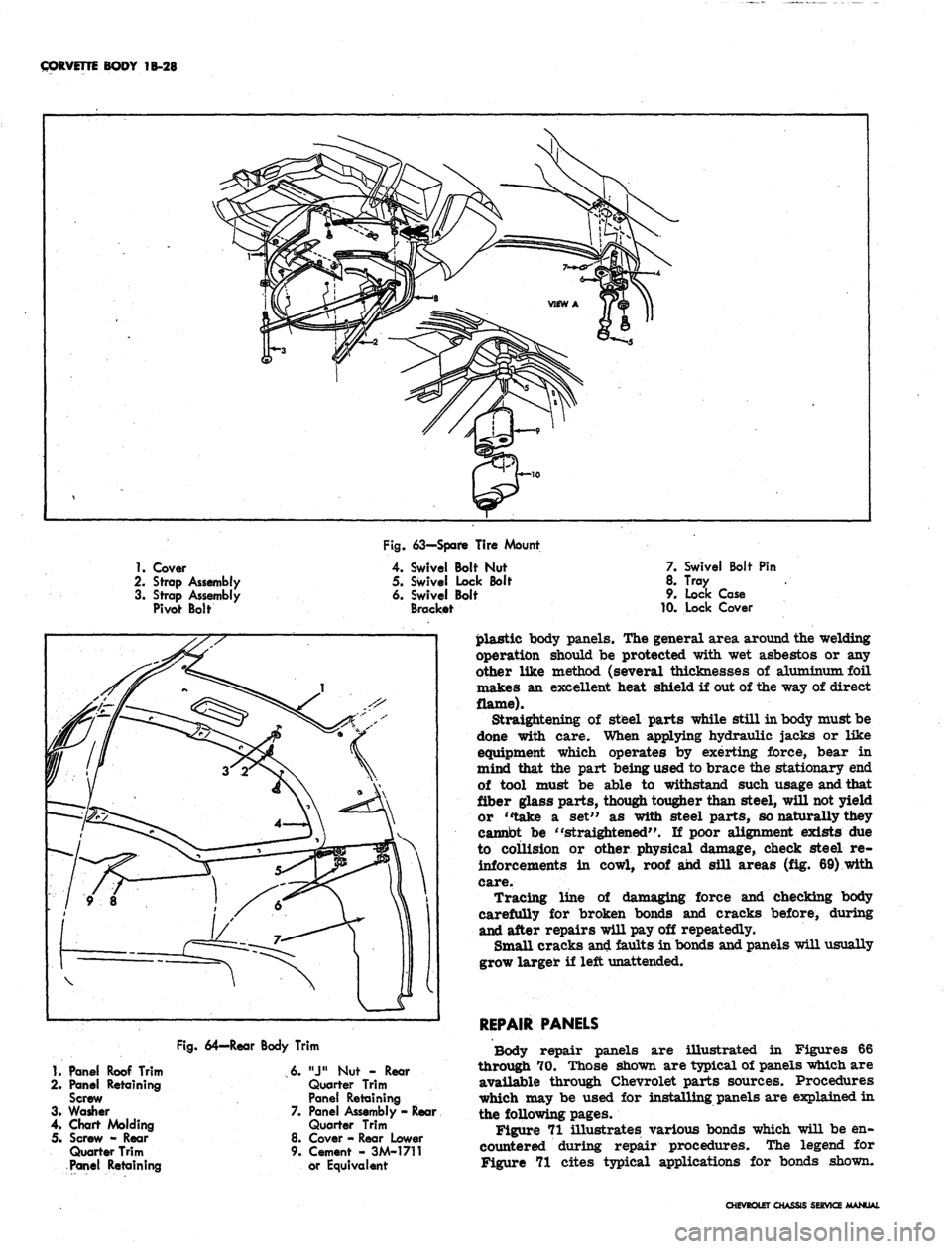 CHEVROLET CAMARO 1967 1.G Chassis Workshop Manual
CORVETTE BODY 1B-28
Fig. 63—Spare Tire Mount
1.
Cover
2.
Strap Assembly
3. Strap Assembly
Pivot Bolt
Swivel Bolt Nut
Swivel Lock Bolt
Swivel Bolt
Bracket
7. Swivel Bolt Pin
8. Tray
9. CHEVROLET CAMARO 1967 1.G Chassis Workshop Manual
CORVETTE BODY 1B-28
Fig. 63—Spare Tire Mount
1.
Cover
2.
Strap Assembly
3. Strap Assembly
Pivot Bolt
Swivel Bolt Nut
Swivel Lock Bolt
Swivel Bolt
Bracket
7. Swivel Bolt Pin
8. Tray
9.