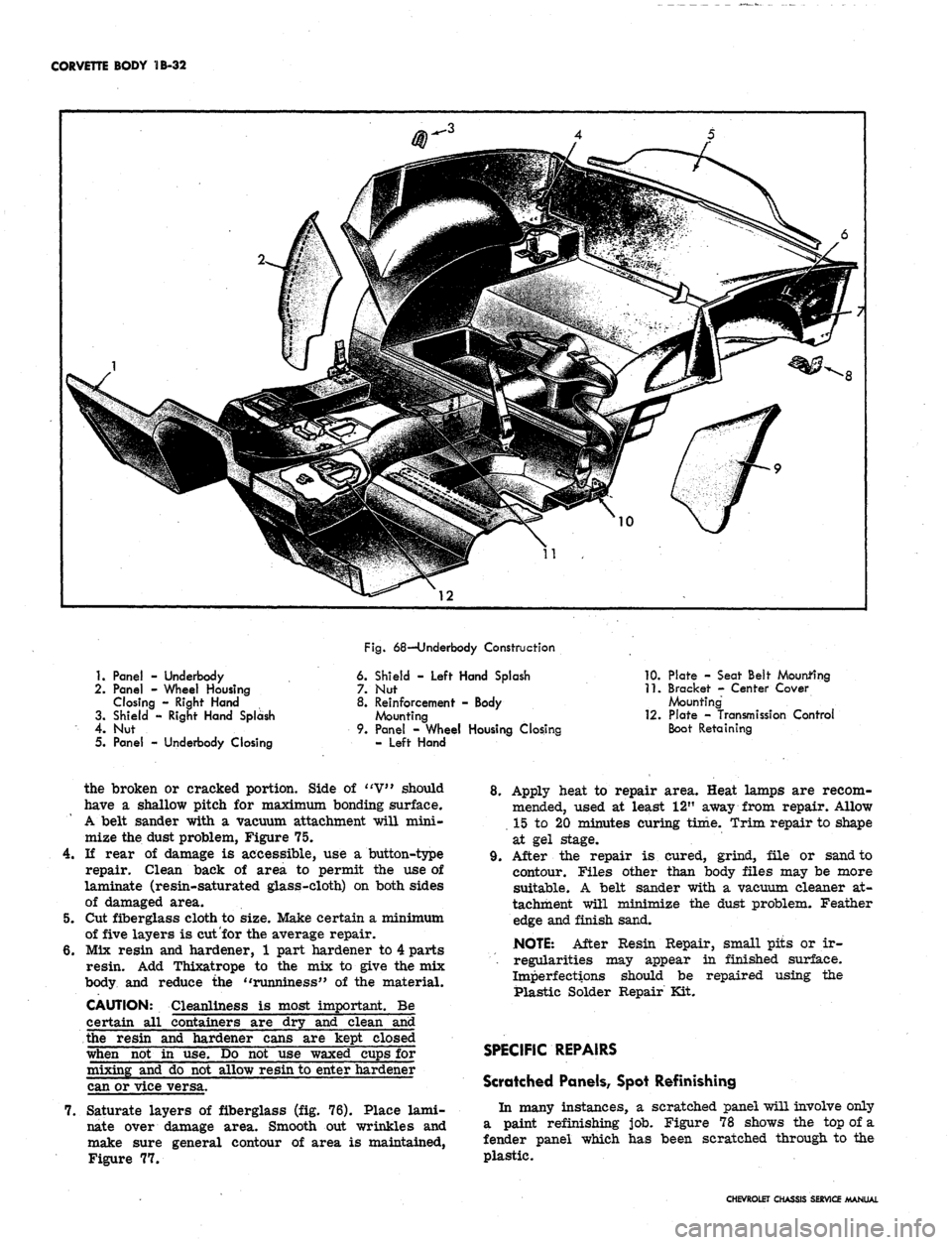 CHEVROLET CAMARO 1967 1.G Chassis Workshop Manual
CORVETTE BODY 1B-32
1.
Panel - Underbody
2.
Panel - Wheel Housing
Closing - Right Hand
3. Shield - Right Hand Splash
4.
Nut
5. Panel - Underbody Closing
Fig.
68—Underbody Construction
6 CHEVROLET CAMARO 1967 1.G Chassis Workshop Manual
CORVETTE BODY 1B-32
1.
Panel - Underbody
2.
Panel - Wheel Housing
Closing - Right Hand
3. Shield - Right Hand Splash
4.
Nut
5. Panel - Underbody Closing
Fig.
68—Underbody Construction
6