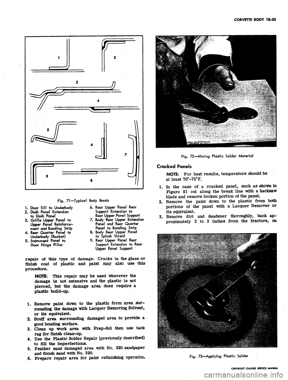 CHEVROLET CAMARO 1967 1.G Chassis Workshop Manual
CORVETTE BODY 1B-35
Fig.
71-Typical
1.
Door Sill to Underbody
2.
Dash Panel Extension
to Dash Panel
3. Grille Upper Panel to
Upper Panel Reinforce-
ment and Bonding Strip
4.
Rear Quarter CHEVROLET CAMARO 1967 1.G Chassis Workshop Manual
CORVETTE BODY 1B-35
Fig.
71-Typical
1.
Door Sill to Underbody
2.
Dash Panel Extension
to Dash Panel
3. Grille Upper Panel to
Upper Panel Reinforce-
ment and Bonding Strip
4.
Rear Quarter