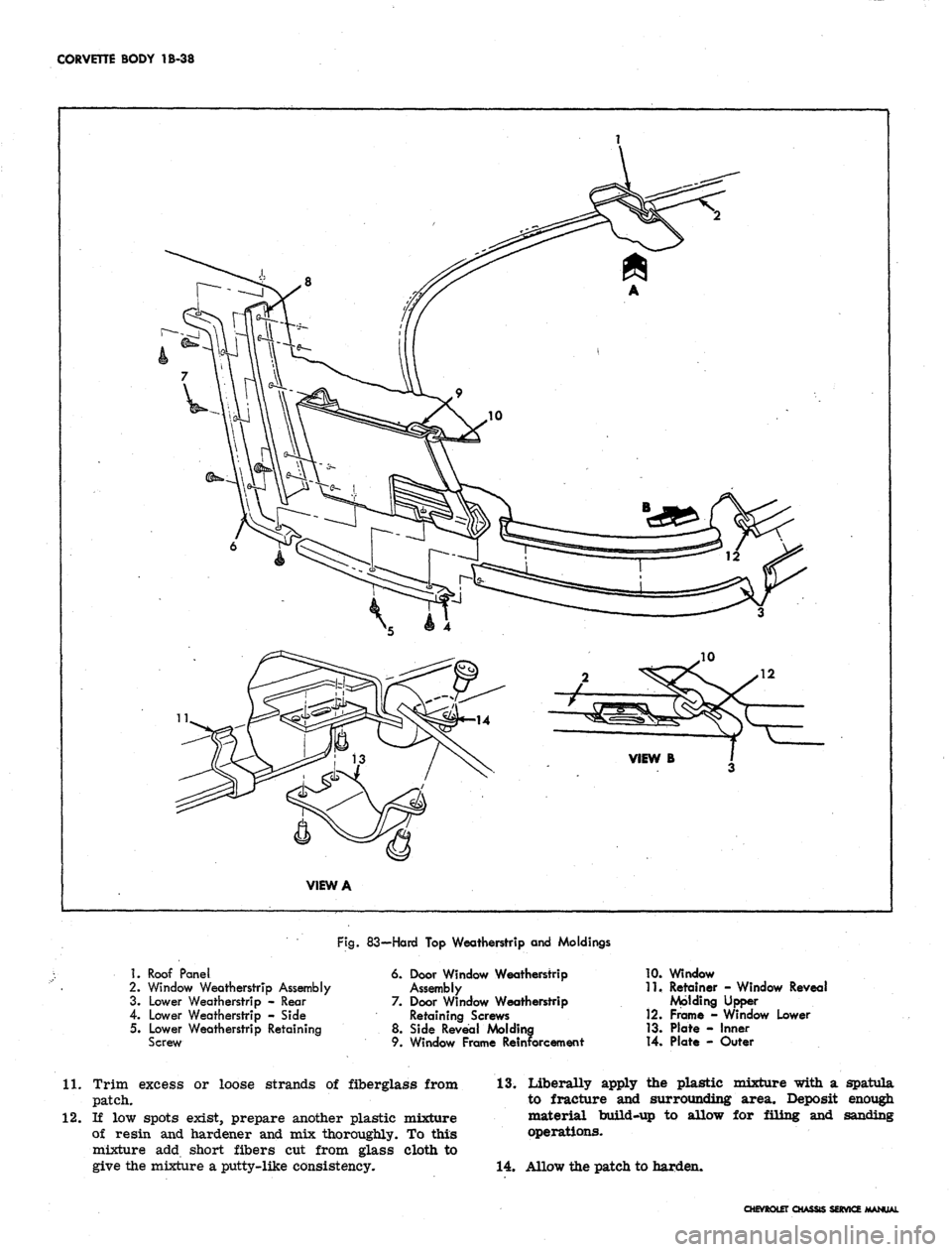 CHEVROLET CAMARO 1967 1.G Chassis Owners Manual 
CORVETTE BODY 1B-38

1.
 Roof Panel

2.
 Window Weatherstrip Assembly

3. Lower Weatherstrip - Rear

4.
 Lower Weatherstrip - Side

5. Lower Weatherstrip Retaining

Screw 
Fig.
 83—Hard Top Weather