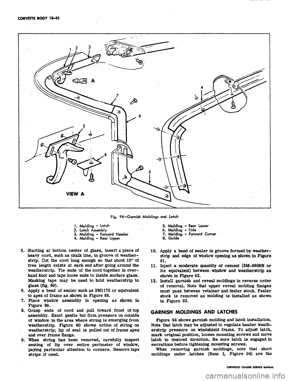 CHEVROLET CAMARO 1967 1.G Chassis Workshop Manual 
CORVETTE BODY 1B-42

Fig.
 94—Garnish Moldings and Latch

1.
 Molding - Latch

2.
 Latch Assembly

3. Molding - Forward Header

4. Molding - Rear Upper 
5. Molding - Rear Lower

6. Molding - Side

