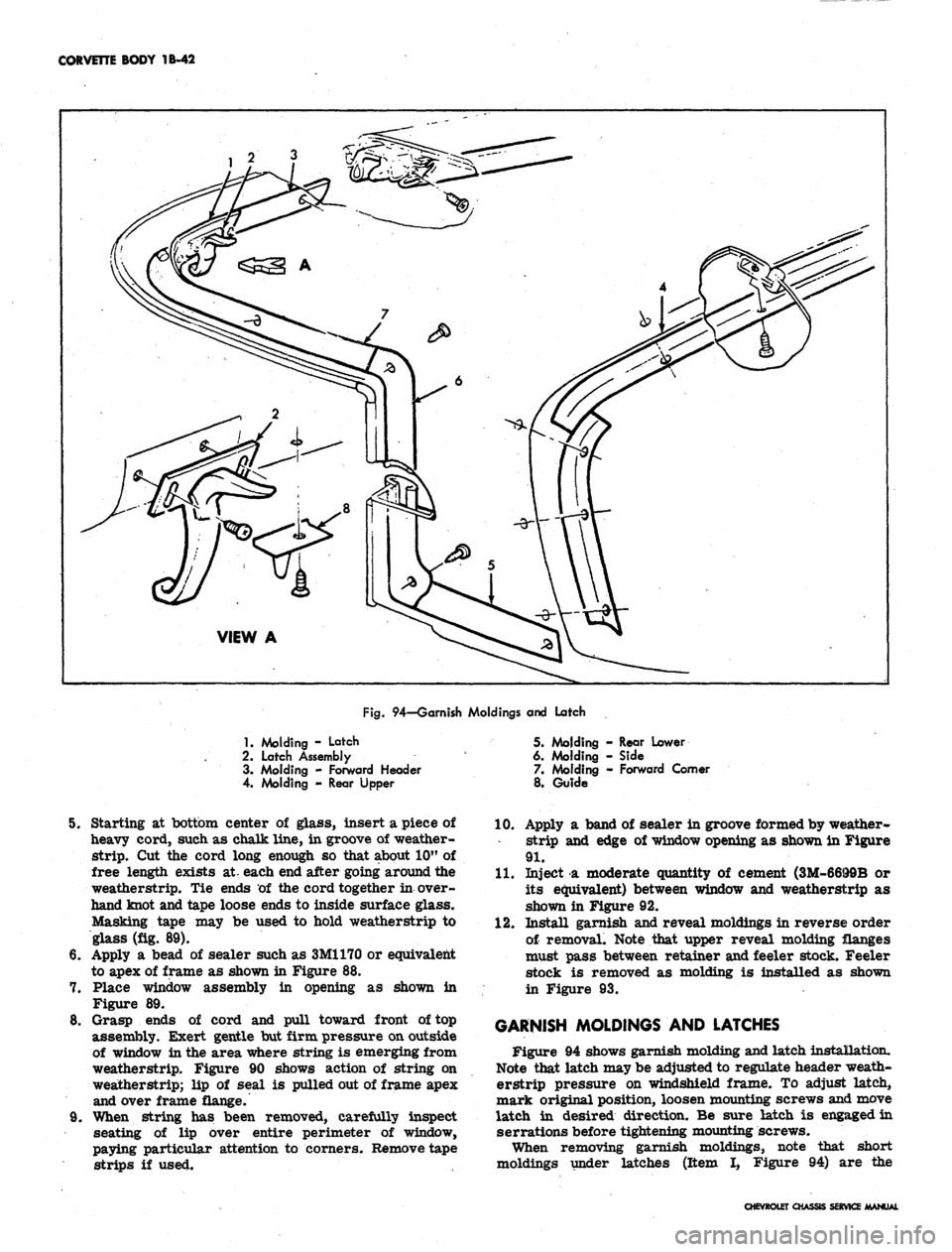 CHEVROLET CAMARO 1967 1.G Chassis Owners Manual 
CORVETTE BODY 1B-42

Fig.
 94—Garnish Moldings and Latch

1.
 Molding - Latch

2.
 Latch Assembly

3. Molding - Forward Header

4. Molding - Rear Upper 
5. Molding - Rear Lower

6. Molding - Side

