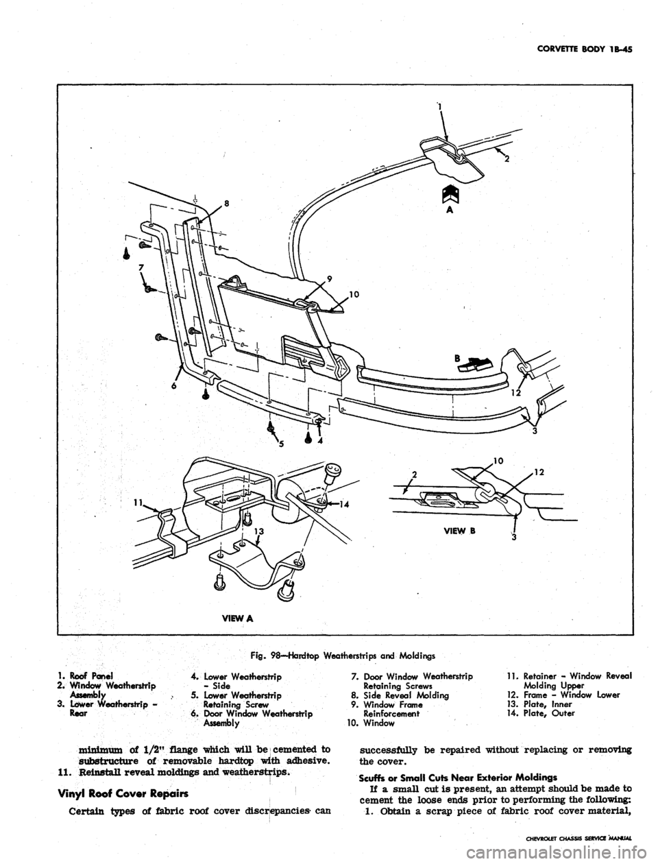 CHEVROLET CAMARO 1967 1.G Chassis Owners Manual 
CORVETTE BODY 1B-45

Fig.
 98—Hardtop Weatherstrips and Moldings

1.
 Roof Pane!

2.
 Window Weatherstrip

Assembly

3. Lower Weatherstrip -

Rear 
4.
 Lower Weatherstrip

- Side

5. Lower Weathers