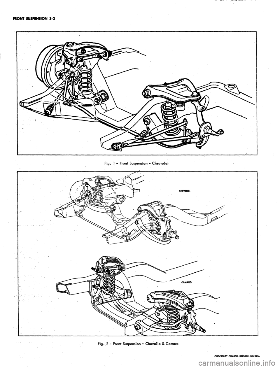 CHEVROLET CAMARO 1967 1.G Chassis Workshop Manual 
FRONT SUSPENSION 3-2

Fig.
 1 - Front Suspension - Chevrolet

Fig.
 2 - Front Suspension - Chevelle & Camaro

CHEVROLET CHASSIS SERVICE MANUAL 