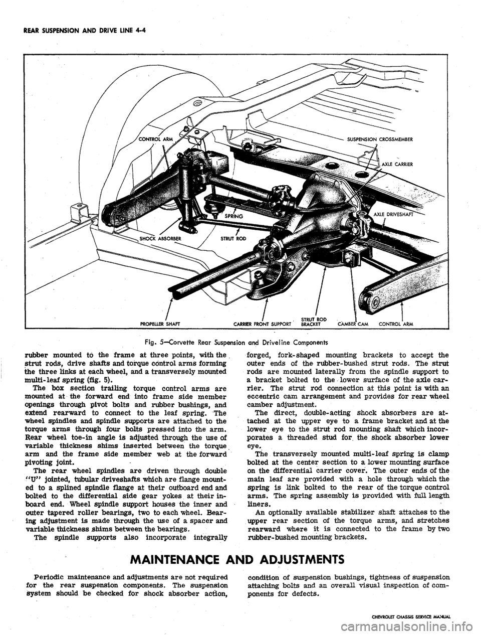 CHEVROLET CAMARO 1967 1.G Chassis Workshop Manual 
REAR SUSPENSION AND DRIVE LINE
 4-4

PROPELLER SHAFT

CARRIER FRONT SUPPORT 
CAMBER CAM CONTROL ARM

Fig. 5—Corvette Rear Suspension and Driveline Components

rubber mounted to the frame at three p