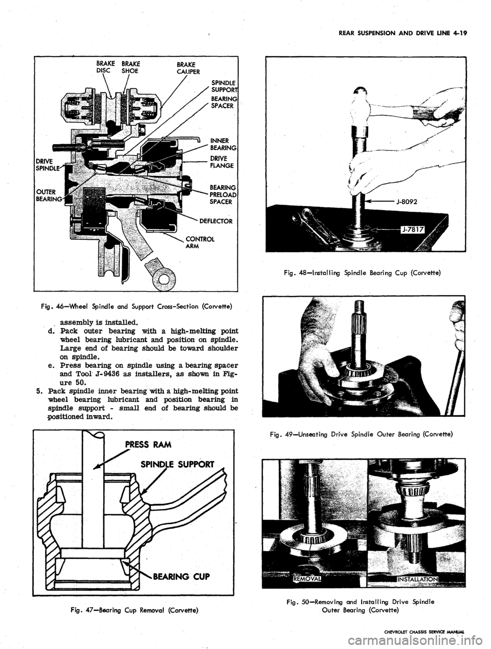 CHEVROLET CAMARO 1967 1.G Chassis Owners Guide 
REAR SUSPENSION
 AND
 DRIVE LINE
 4-19

BRAKE BRAKE

DISC SHOE

OUTER

BEARII 
-. -,
 -«#*;>• 
BRAKE

CAMPER

/

/ /

/ /

si—a

wC— 
SPINDLE

^ SUPPOR1

BEARING

^ SPACER

INNER

" BEARING

D