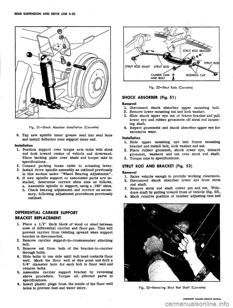 CHEVROLET CAMARO 1967 1.G Chassis Owners Guide 
REAR SUSPENSION AND DRIVE LINE 4-20

Fig.
 51—Shock Absorber Installation (Corvette)

6. Tap new spindle inner grease seal into seal bore

and install deflector over support inner end.

Installatio