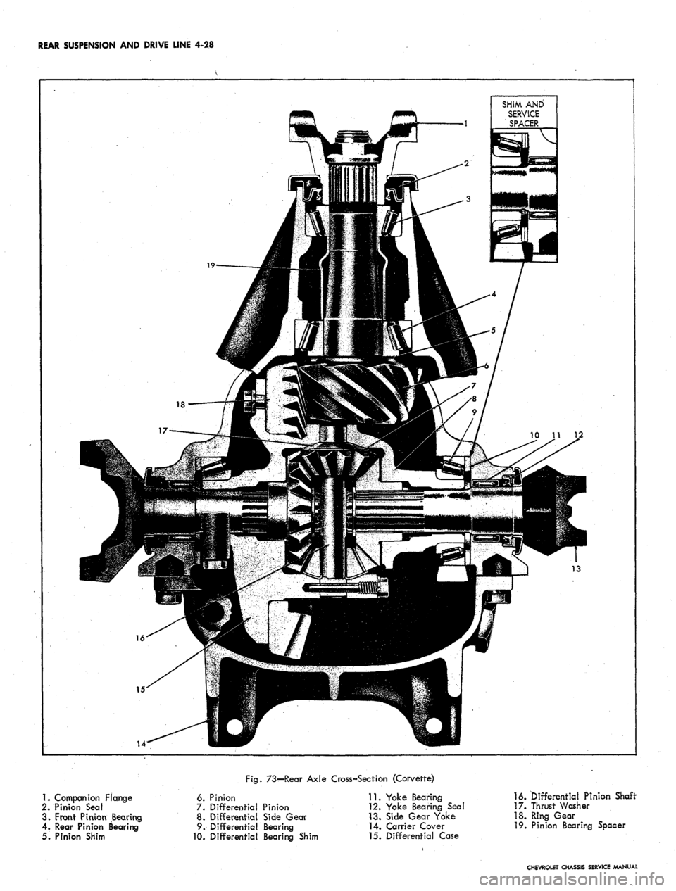 CHEVROLET CAMARO 1967 1.G Chassis Workshop Manual
REAR SUSPENSION
AND
DRIVE LINE
4-28
SHIM AND
SERVICE
SPACER
13
Fig.
73—Rear Axle Cross-Section (Corvette)
1.
Companion Flange
2.
Pinion Seal
3. Front Pinion Bearing
4. Rear Pinion Be CHEVROLET CAMARO 1967 1.G Chassis Workshop Manual
REAR SUSPENSION
AND
DRIVE LINE
4-28
SHIM AND
SERVICE
SPACER
13
Fig.
73—Rear Axle Cross-Section (Corvette)
1.
Companion Flange
2.
Pinion Seal
3. Front Pinion Bearing
4. Rear Pinion Be