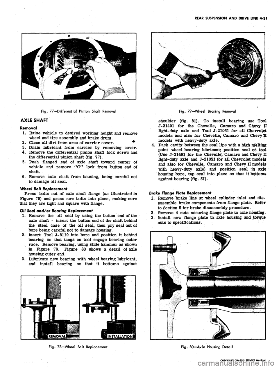 CHEVROLET CAMARO 1967 1.G Chassis Owners Guide 
REAR SUSPENSION AND DRIVE LINE 4-31

Fig.
 77—Differential Pinion Shaft Removal

AXLE SHAFT

Removal

1.
 Raise vehicle to desired working height and remove

wheel and tire assembly and brake drum.