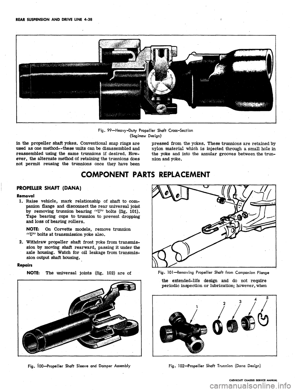 CHEVROLET CAMARO 1967 1.G Chassis Workshop Manual
REAR SUSPENSION
AND
DRIVE LINE
4-38
•"•f •--..—-.>•,«.-. ^
Fig. 99—Heavy-Duty Propeller Shaft Cross-Section
(Saginaw Design)
in
the
propeller shaft yokes. Conventional snap rin CHEVROLET CAMARO 1967 1.G Chassis Workshop Manual
REAR SUSPENSION
AND
DRIVE LINE
4-38
•"•f •--..—-.>•,«.-. ^
Fig. 99—Heavy-Duty Propeller Shaft Cross-Section
(Saginaw Design)
in
the
propeller shaft yokes. Conventional snap rin