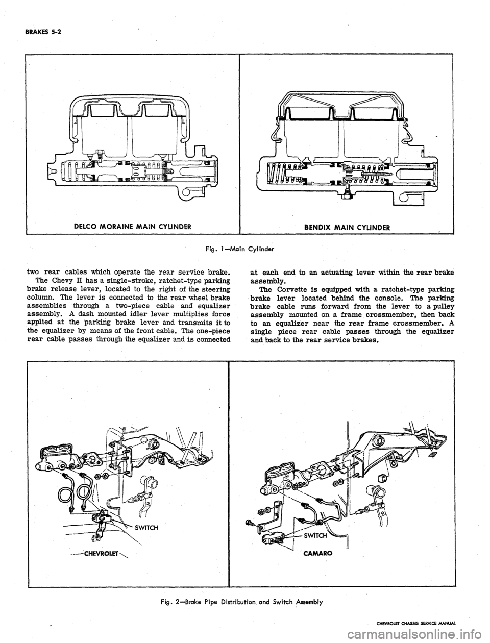 CHEVROLET CAMARO 1967 1.G Chassis Workshop Manual
BRAKES 5-2
DELCO MORAINE MAIN CYLINDER
BENDIX MAIN CYLINDER
Fig.
I—Main
Cylinder
two rear cables which operate the rear service brake.
The Chevy II has a single-stroke, ratchet-type parking
CHEVROLET CAMARO 1967 1.G Chassis Workshop Manual
BRAKES 5-2
DELCO MORAINE MAIN CYLINDER
BENDIX MAIN CYLINDER
Fig.
I—Main
Cylinder
two rear cables which operate the rear service brake.
The Chevy II has a single-stroke, ratchet-type parking