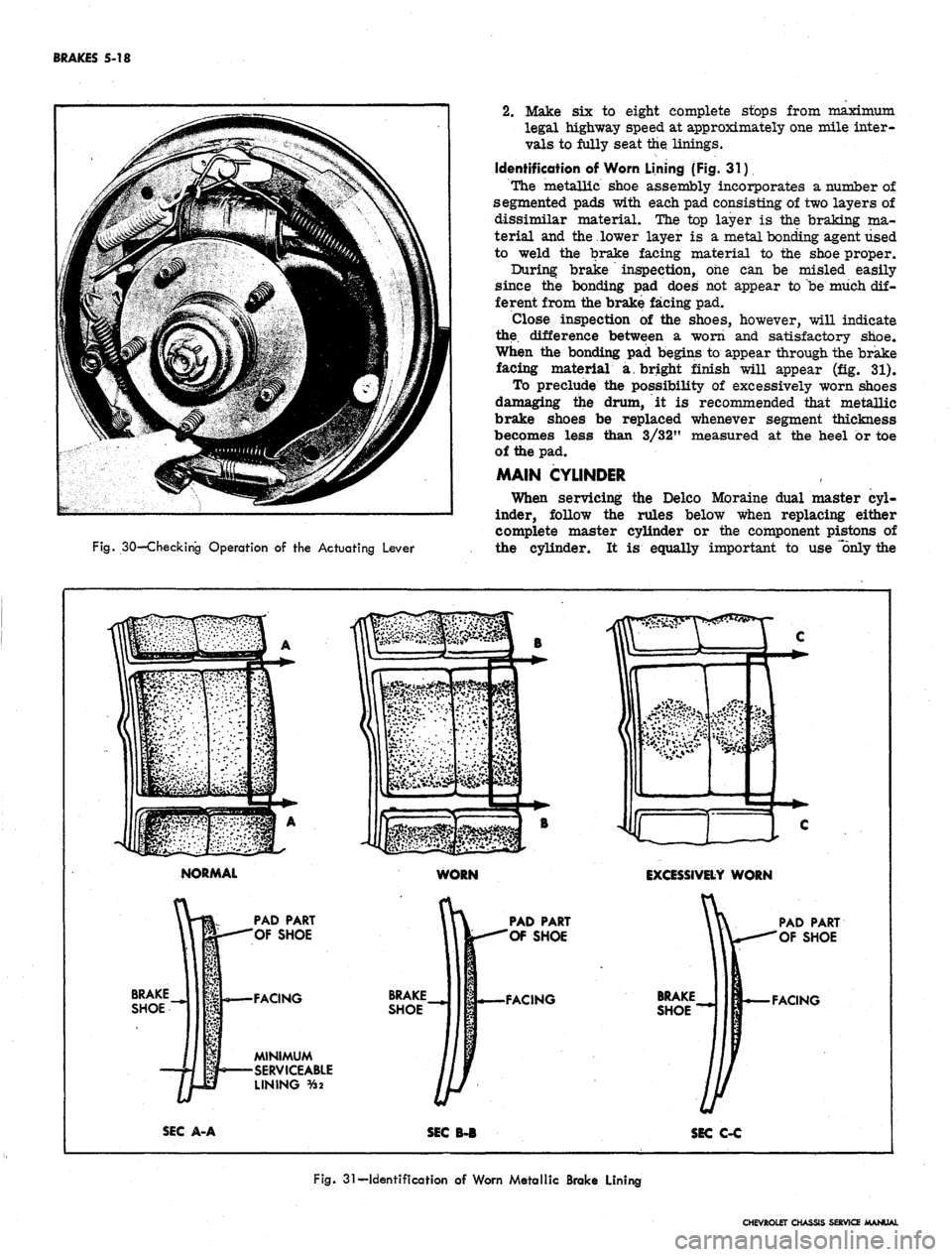 CHEVROLET CAMARO 1967 1.G Chassis Workshop Manual 
BRAKES
 5-18

Fig.
 30—Checking
 Operation
 of the
 Actuating
 Lever 
2.
 Make six to eight complete stops from maximum

legal highway speed at approximately one mile inter-

vals to fully seat the