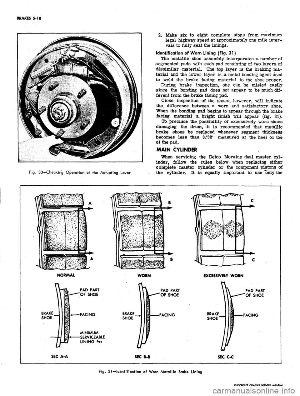 CHEVROLET CAMARO 1967 1.G Chassis Workshop Manual
BRAKES
5-18
Fig.
30—Checking
Operation
of the
Actuating
Lever
2.
Make six to eight complete stops from maximum
legal highway speed at approximately one mile inter-
vals to fully seat the CHEVROLET CAMARO 1967 1.G Chassis Workshop Manual
BRAKES
5-18
Fig.
30—Checking
Operation
of the
Actuating
Lever
2.
Make six to eight complete stops from maximum
legal highway speed at approximately one mile inter-
vals to fully seat the